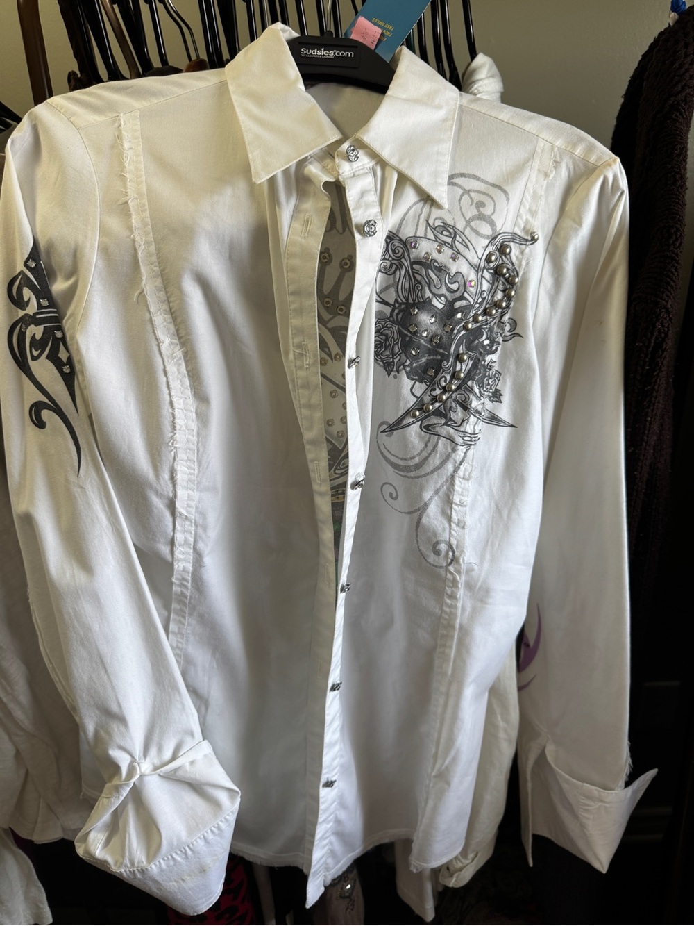 Vintage Y2K Bejeweled by Susan Fixel Swarovski Tattoo Shirt S